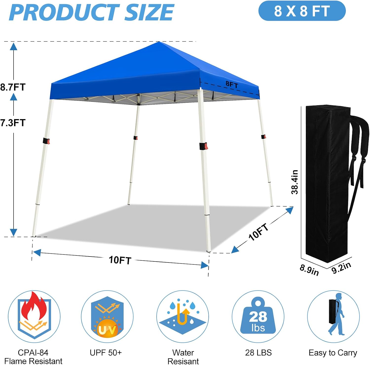 WEIZE 10x10 Slant Legs Pop Up Canopy Tent, 1-Button Push Setup Canopy Tent, Adjustable Height Instant Portable Shelter, Protable Backpack, Easy Outdoor Sun Shade for Events, 8x8 Top, Blue