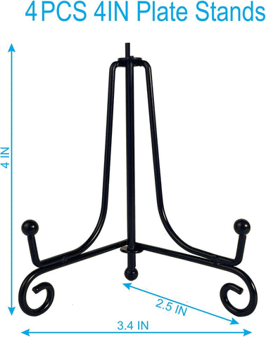 HENABLE 4PCS Premium Black Iron Plate Stands for Display 4 Inch, Decorative Solid Metal Plate Holders for Displaying, Mini Easel, Frame, Book, Card, Plaque, Bowl, Picture Stands for Display