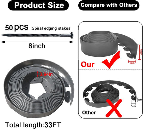 Landscape Edging 33FT,Garden Edging Borders [Extra Tall 4IN High] Flexible Lawn Edging Kit with Total 50pcs Stakes,Mini Plastic Fence Edge Used for Yard,Flowerbeds,Landscaping,Grass,Tree -Grey