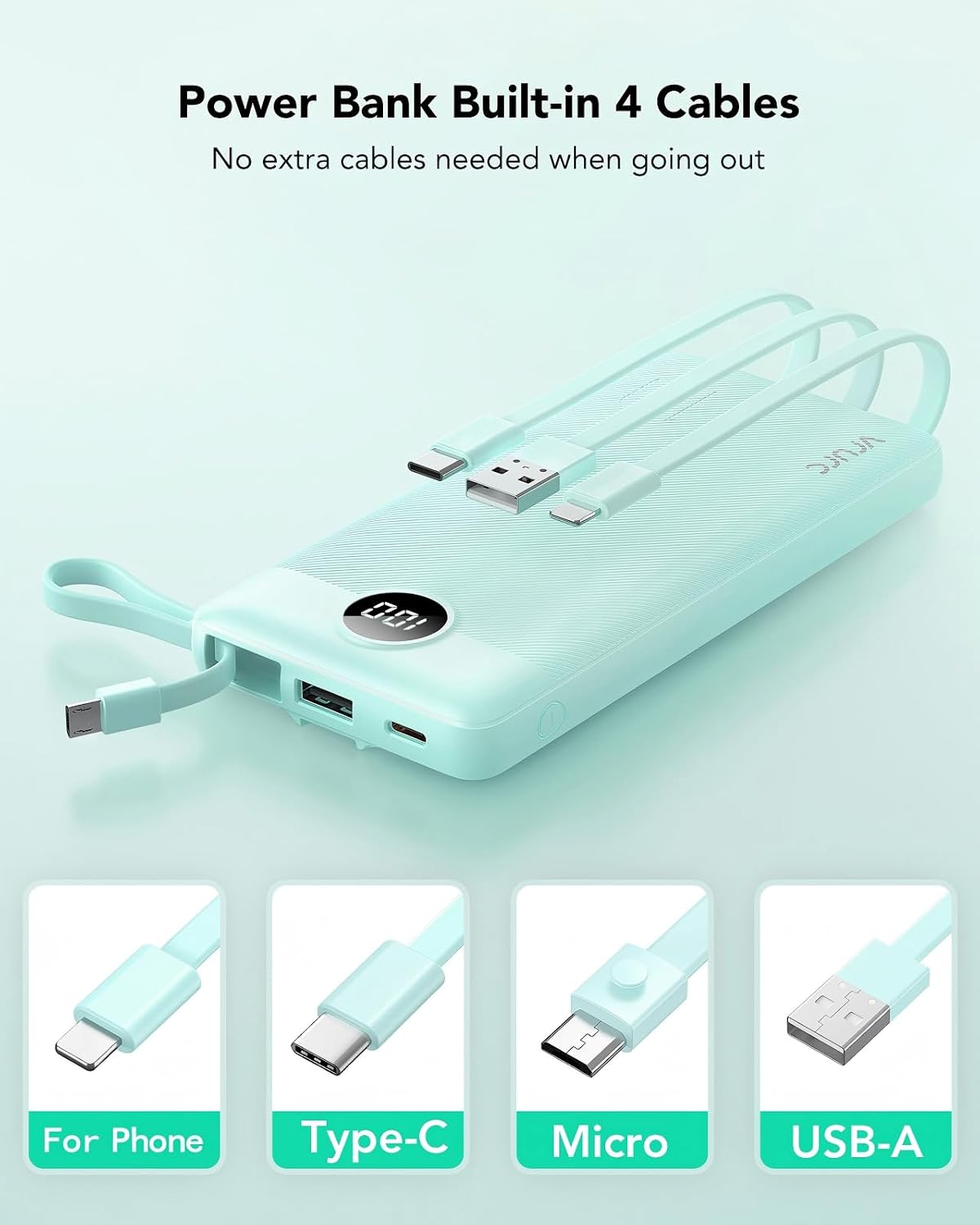 VRURC Portable Charger, Slim Power Bank Built-in 4 Cables, Travel Essential