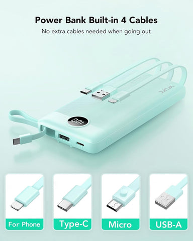 VRURC Portable Charger, Slim Power Bank Built-in 4 Cables, Travel Essential