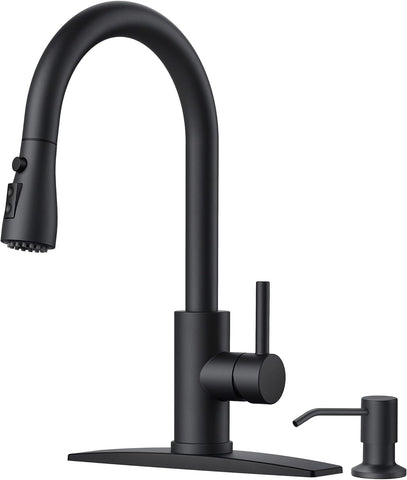 FORIOUS Black Kitchen Faucet, with Soap Dispenser and Pull Down Sprayer