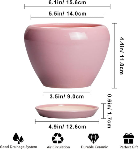Ceramicfor 6 Inch Plant Pot - Ceramic Pot for Indoor Plants, Glaze Modern Decorative Round Ceramic Planter with Drainage Hole and Saucer, Plant Lover Gifts, Home Garden Room Office Decor, Pink