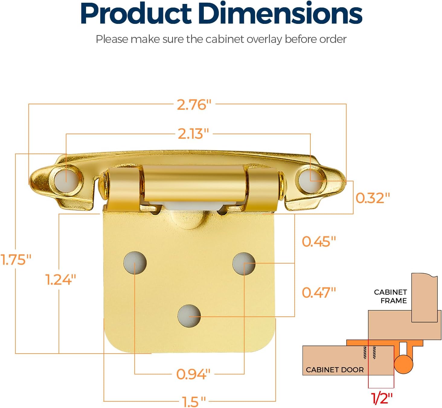 Ravinte Gold Cabinet Hinges, 1/2 Inch Overlay, 4 Pack (2 Pairs)