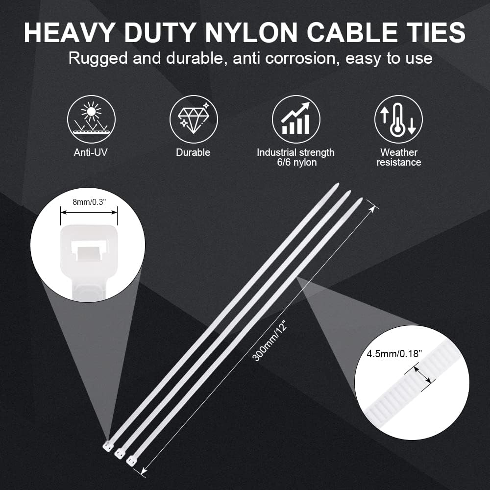 White Zip Ties Heavy Duty 12 inch,100 Pack,50LB, Cable Ties, Clear Zipties
