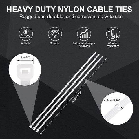 White Zip Ties Heavy Duty 12 inch,100 Pack,50LB, Cable Ties, Clear Zipties
