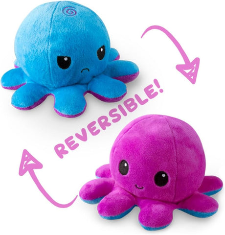 TeeTurtle Reversible Octopus Plushie - 4-Inch Purple Purple + Blue Two-Sided Flip Plush Toy with Embroidered Details - Cute Mini Collectible Plush for Kids, Teens, and Adults