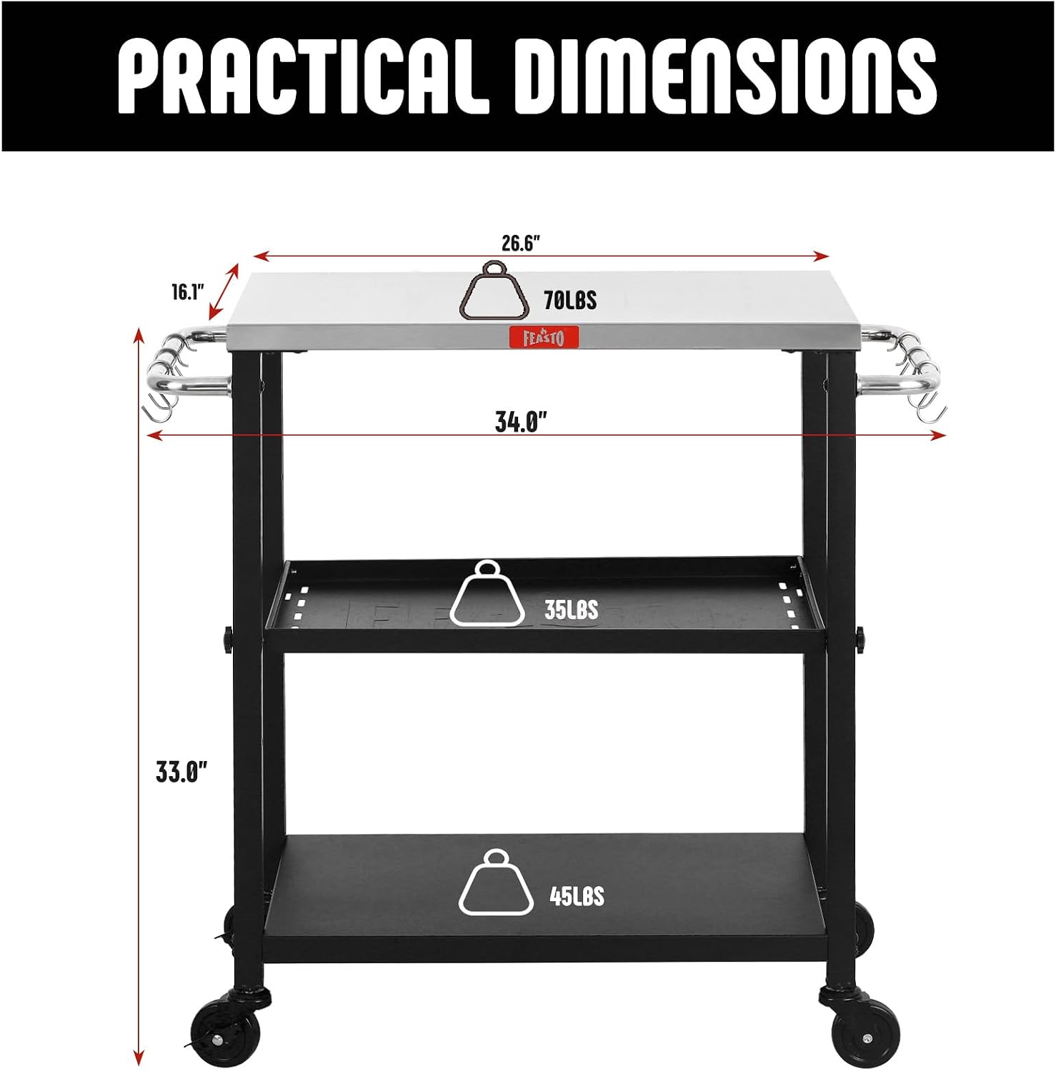 Feasto 3-Tier Outdoor Grill Cart, 26.6" x 16.1" Rolling Pizza Oven Table