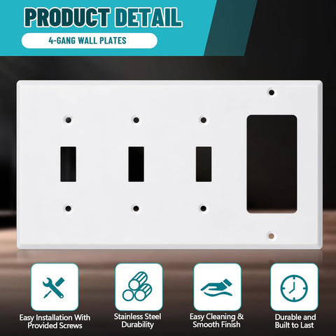 Kingdder 1 Pcs 4gang Wall Plate, 3-toggle/1-decorator, Stainless Steel