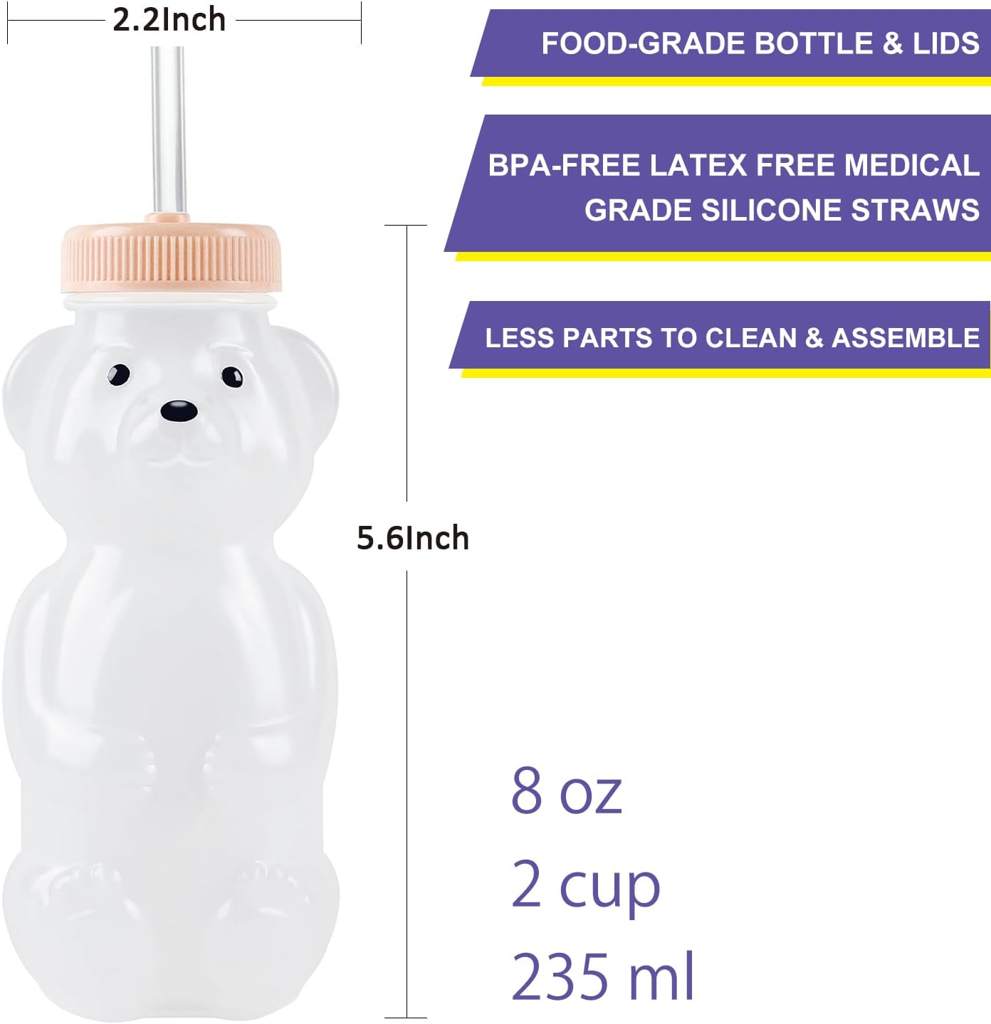 Honey Bear Straw Cups, Juice Bear Bottle Drinking Cup Long Straws with 4 Flexible Straws & Cleaning Tools, 8-Ounce Therapy Sippy Bottles for Speech and Feeding Training, Food-Grade & BPA Free 2 Pack