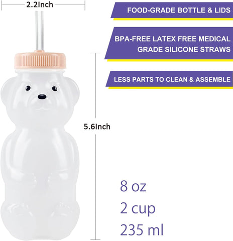 Honey Bear Straw Cups, Juice Bear Bottle Drinking Cup Long Straws with 4 Flexible Straws & Cleaning Tools, 8-Ounce Therapy Sippy Bottles for Speech and Feeding Training, Food-Grade & BPA Free 2 Pack
