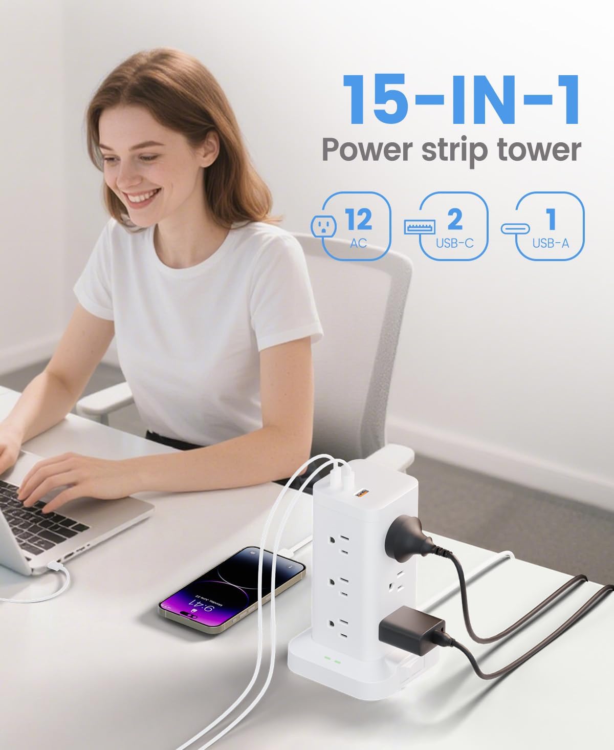Power Strip Tower with Surge Protector 1800J, Fast Charging Tower PD20W USB-C Ports with 12 AC Outlets, Extension Cord for Home Office Dorm Room,10ft, White