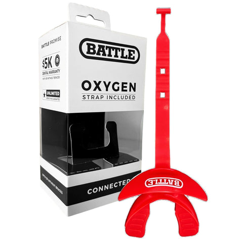 Battle Oxygen Lip Protector Mouth Guard with Connected Strap, Football and Sports Gear, Maximum Oxygen Supply, Mouthpiece Fits With or Without Braces - One Size, Light Red