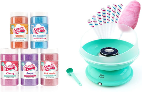Cotton Candy Express BB1000-S Cotton Candy Machine, with 5-11oz. Jars of Cherry, Grape, Blue Raspberry, Orange, Pink Vanilla Floss Sugar & 50 Paper Cones Easy to Use and Clean