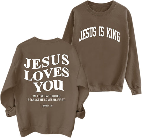 Sulayesh Fleece Christian Sweatshirts Women Jesus Loves You Jesus Is King Hoodie Religious Faith God Shirts Oversized Tops
