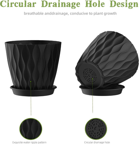 4 Inch Plant Pots, 6 Pack Indoor Flower Pots, Planters with Drainage Holes and Trays for Orchids, Violets, Succulents, Herbs, and Other Plants, Black