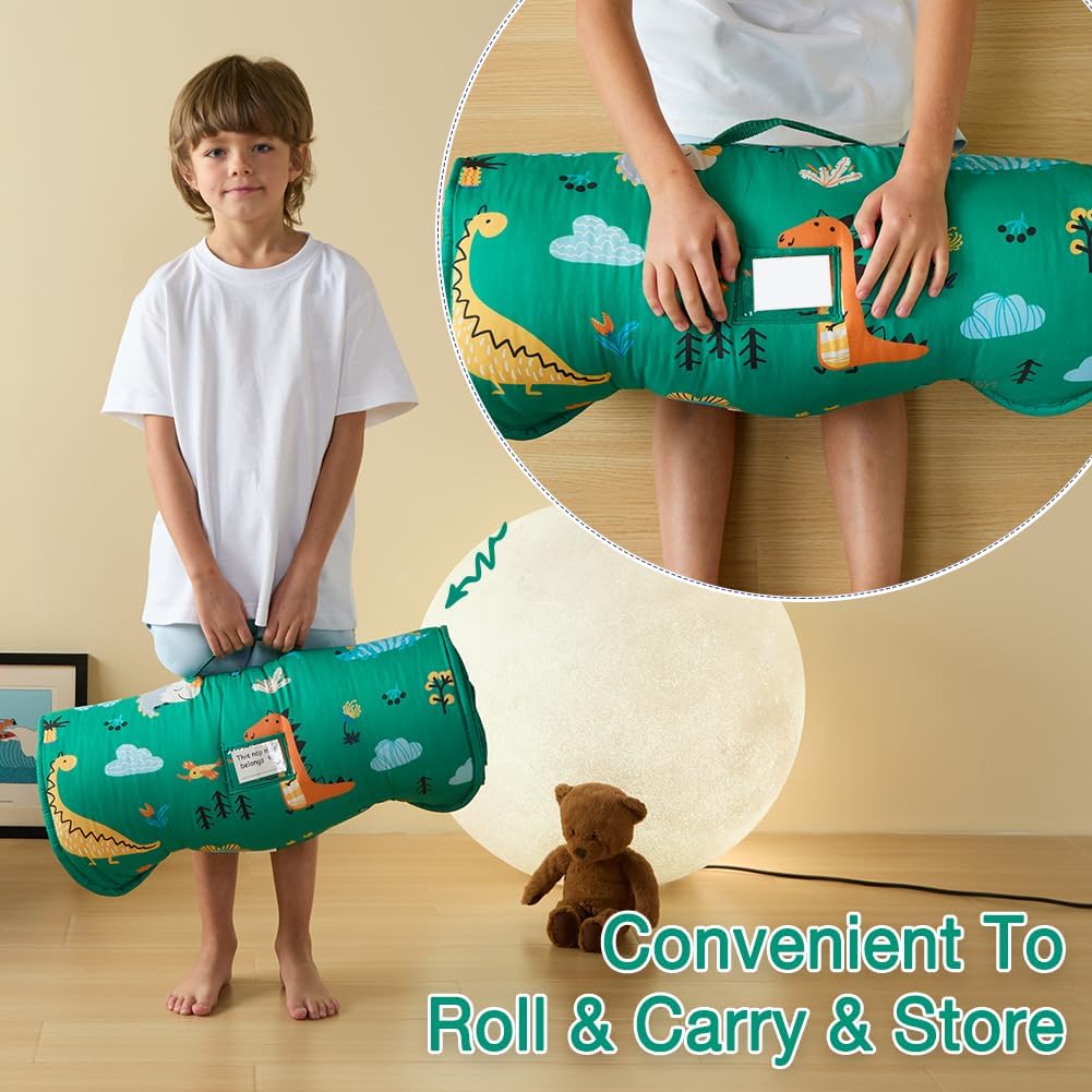 beeweed Toddler Nap Mat, Rollup Design Kid Sleeping Mat with Removable Pillow & Minky Blanket, Toddler Sleeping Bag for Daycare Preschool Travel Camping