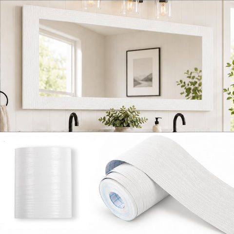 Alened 10M White Mirror Border Peel and Stick, Wood Grain Wallpaper Border