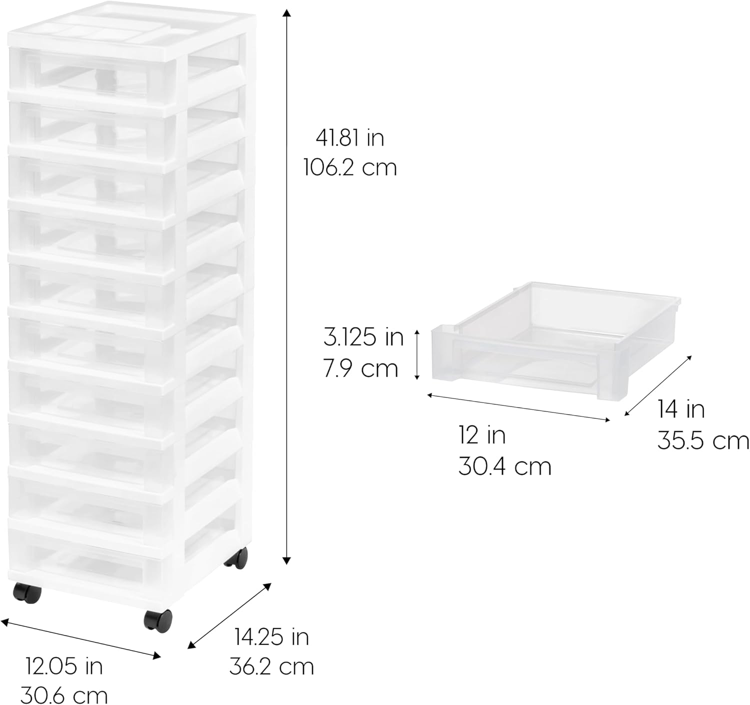 IRIS USA 10-Drawer Rolling Storage Cart, White/Clear
