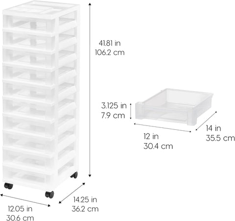 IRIS USA 10-Drawer Rolling Storage Cart, White/Clear