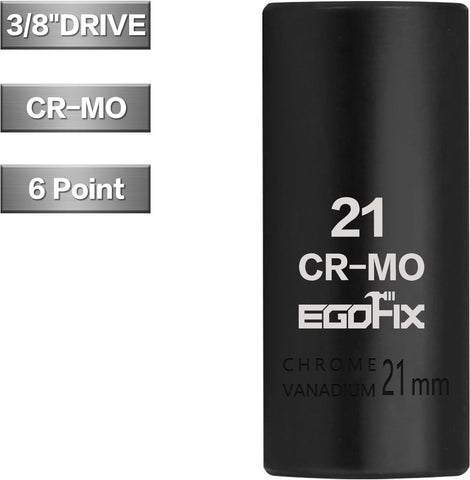 3/8" Drive Deep Impact Socket, 21mm Metric Socket, CR-MO 6 Point for Easy Removal of Axle Nut
