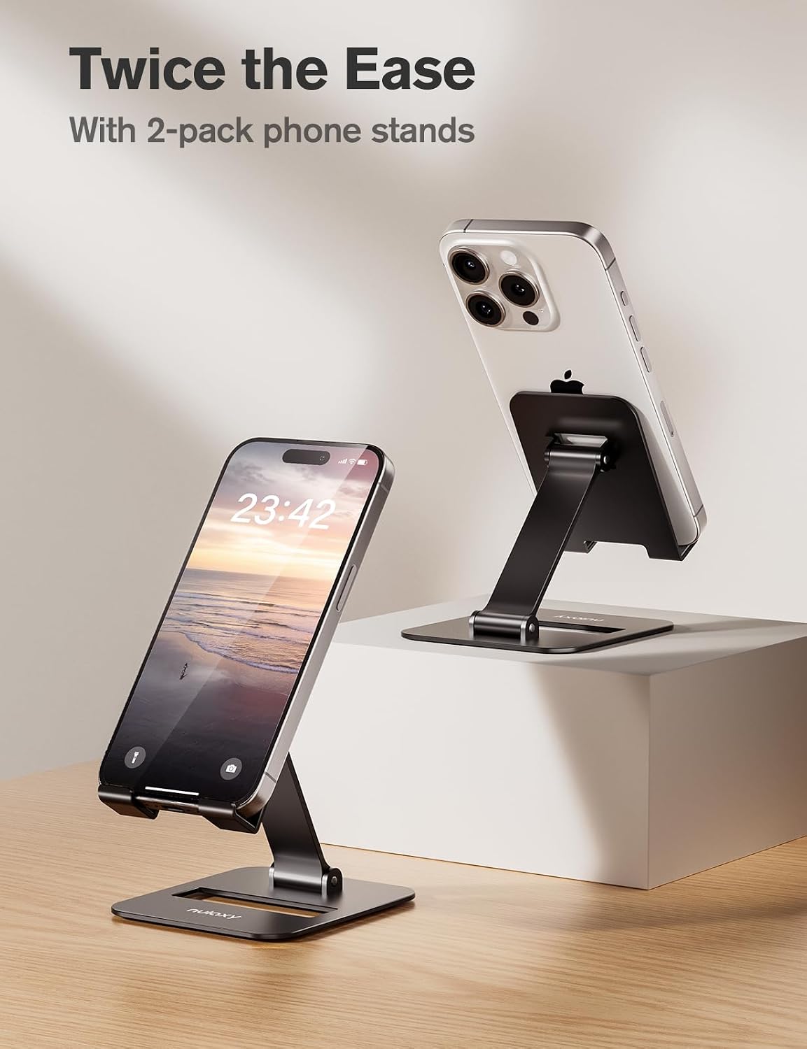 Nulaxy 2 Pcs Aluminum Dual Folding Cell Phone Stand for Desk, Black & Black