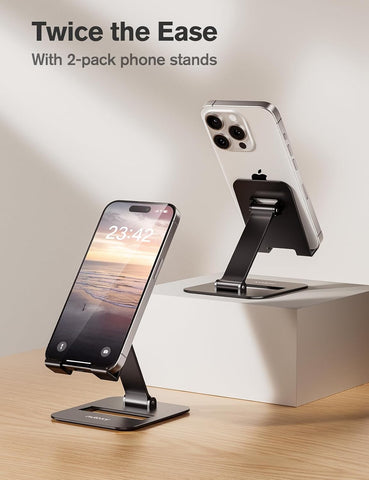 Nulaxy 2 Pcs Aluminum Dual Folding Cell Phone Stand for Desk, Black & Black