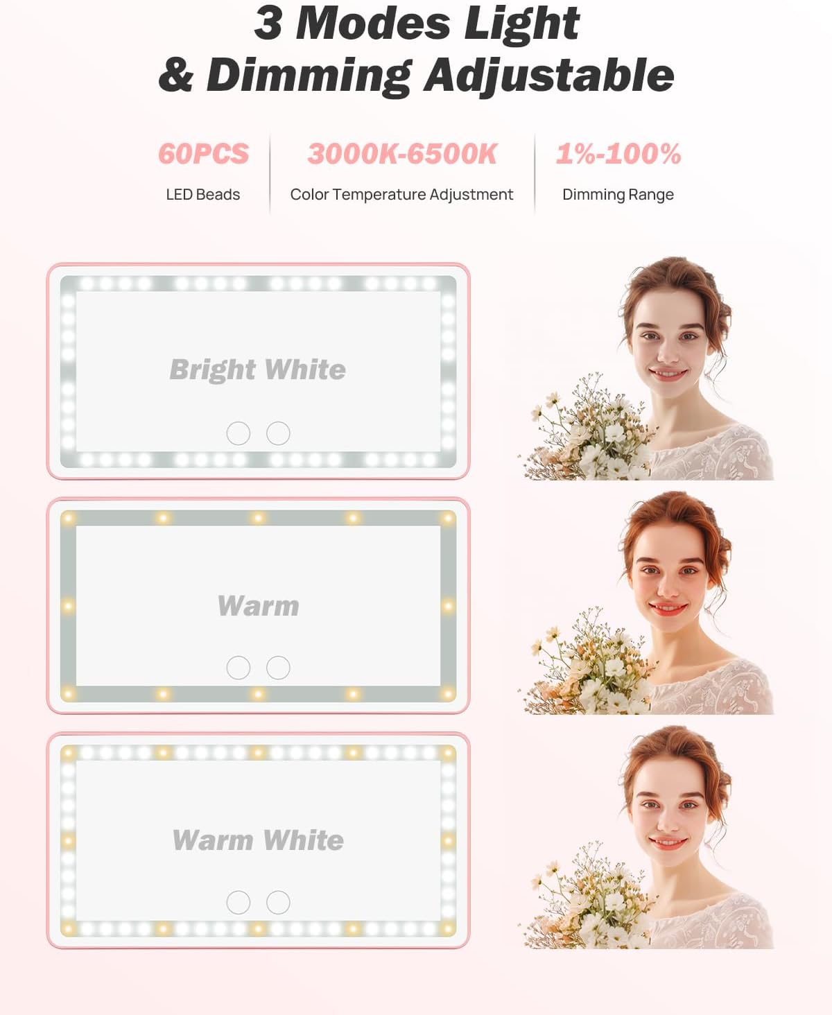 JOYTUTUS Car Sun Visor Vanity Mirror, Car Vanity Mirror with Lights, Makeup with 3 Light Modes & 60 LEDs, Dimmable Touch Control Travel Makeup for Sedan Truck SUV