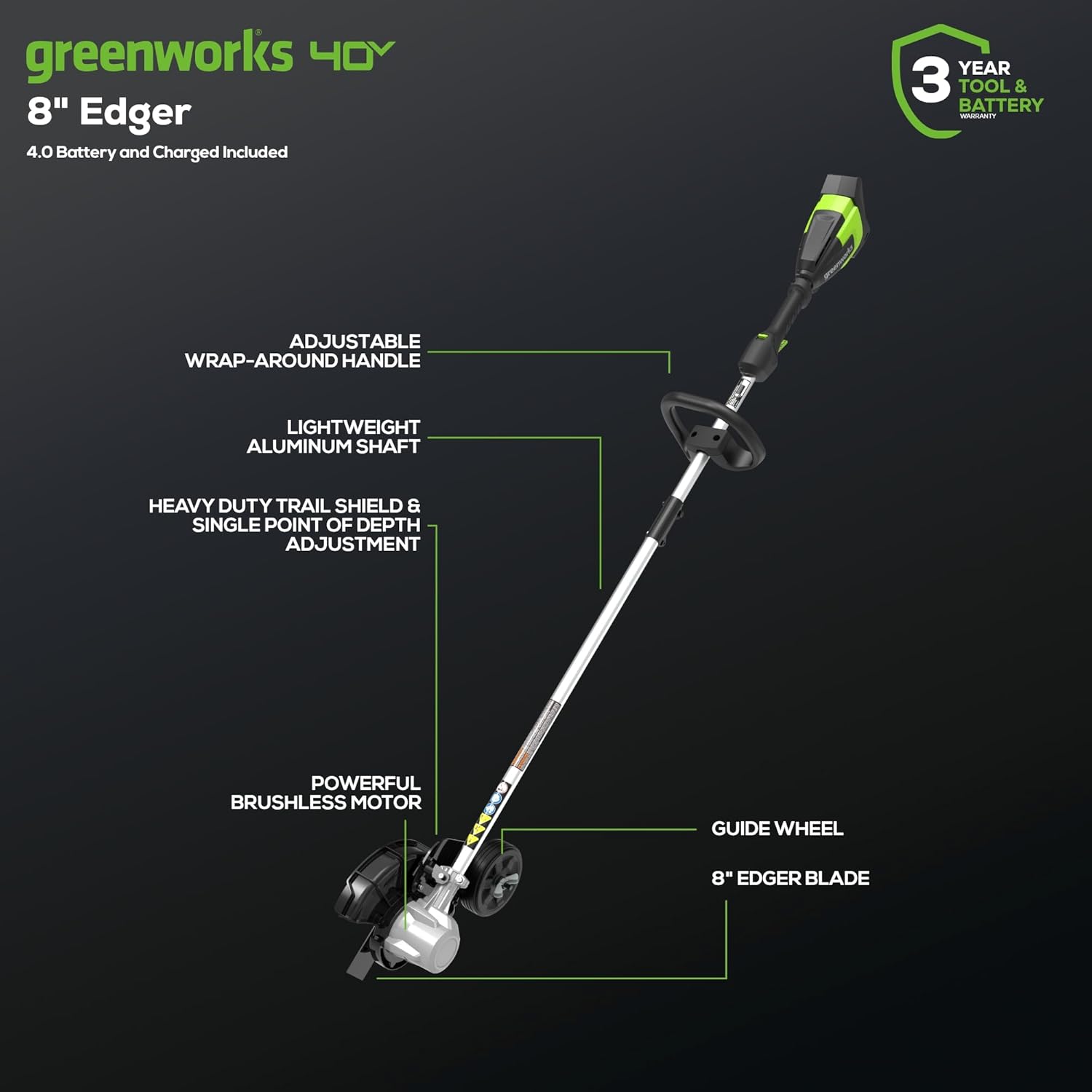 Greenworks 40V 8 in Cordless Electric Lawn Edger, 4.0 Ah Battery, Charger