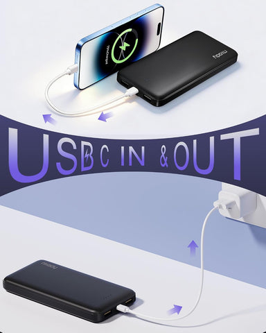 Miady 2-Pack Portable Charger, Slim 10000mAh Power Bank Travel Battery Pack 3 Outputs 2 Inputs Compatible with iPhone 17/16/15/14/13 Galaxy S24/22 iPad Android etc (Black+White)