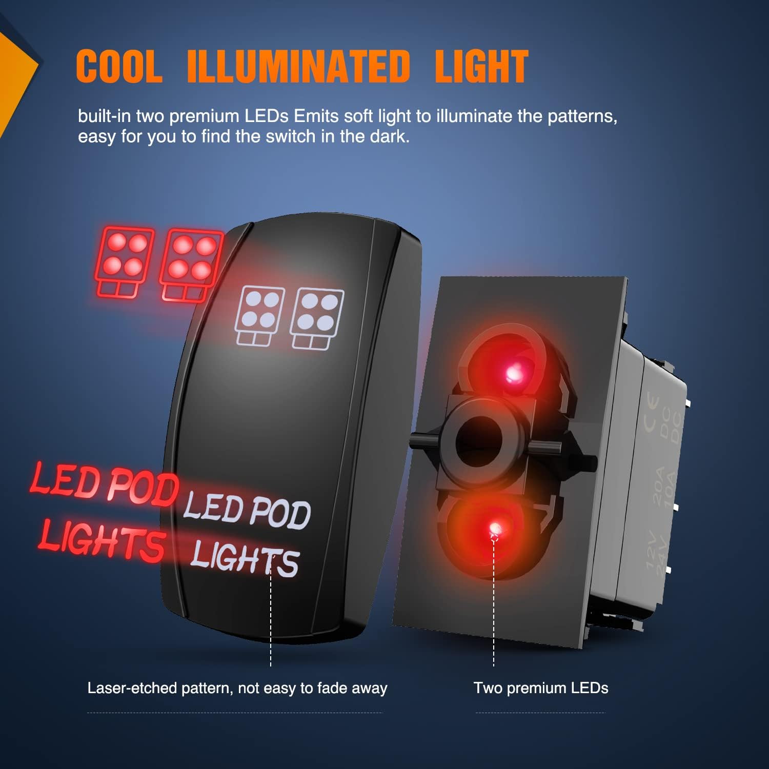 Nilight LED POD Lights Rocker Switch with Jumper Wires Set 5Pin Laser Red