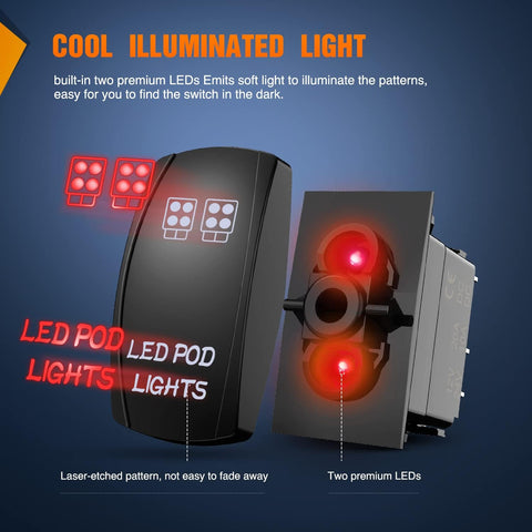 Nilight LED POD Lights Rocker Switch with Jumper Wires Set 5Pin Laser Red