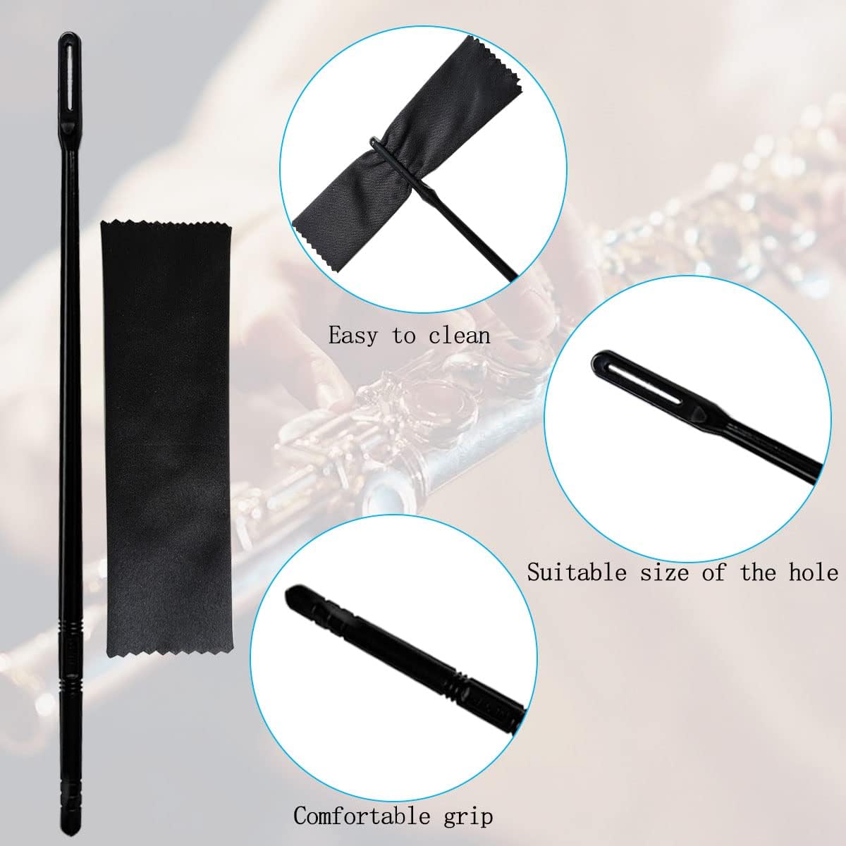 2 Sets Black Flute Cleaning Rod and Cloth, Flute Cleaning Kit