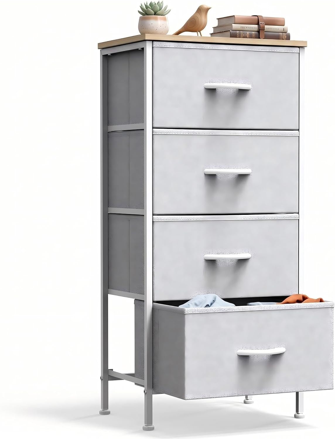 DUMOS Nightstand with 4 Drawers Bedside Table with Removable Fabric Bins Sturdy Steel Frame Wood Top Organizer Furniture for Bedroom Closet Living Room, Ash