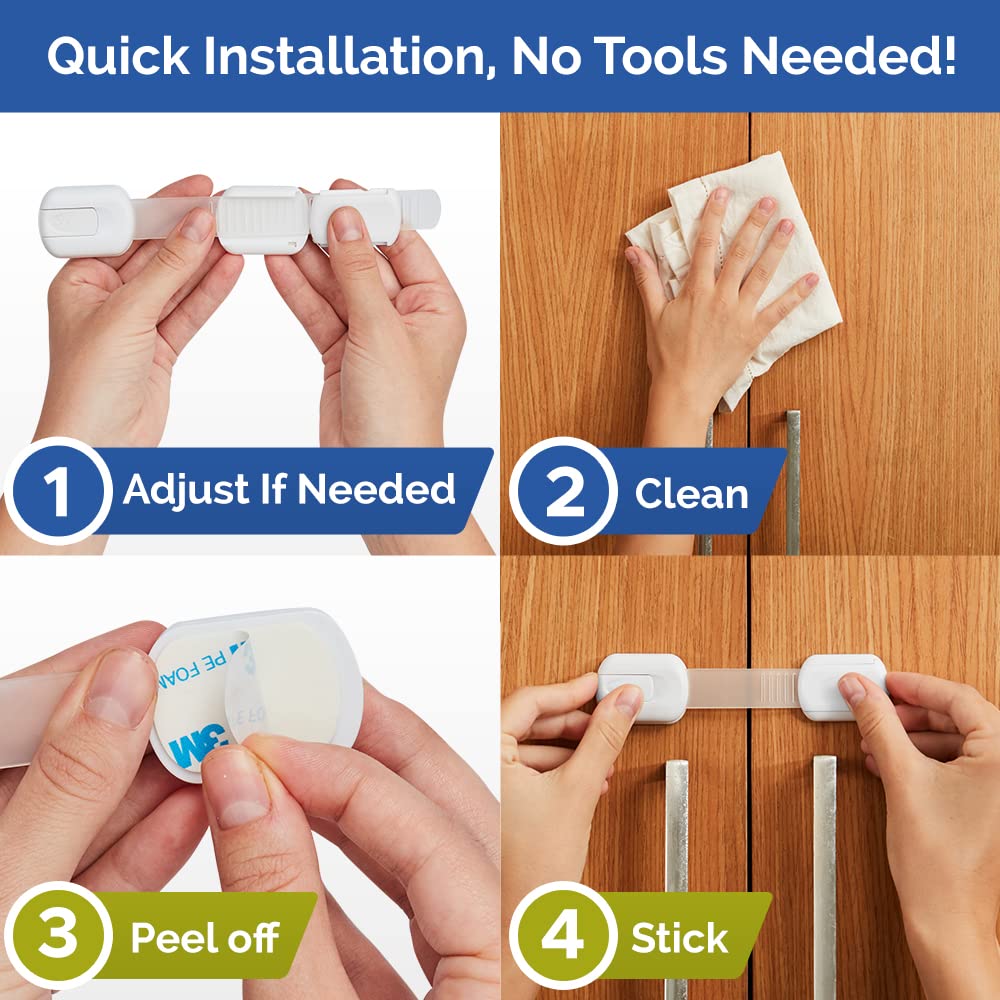 Child Safety Strap Locks (6 Pack) Baby Locks for Cabinets and Drawers, Toilet, Fridge & More. 3M Adhesive Pads. Easy Installation, No Drilling Required, White