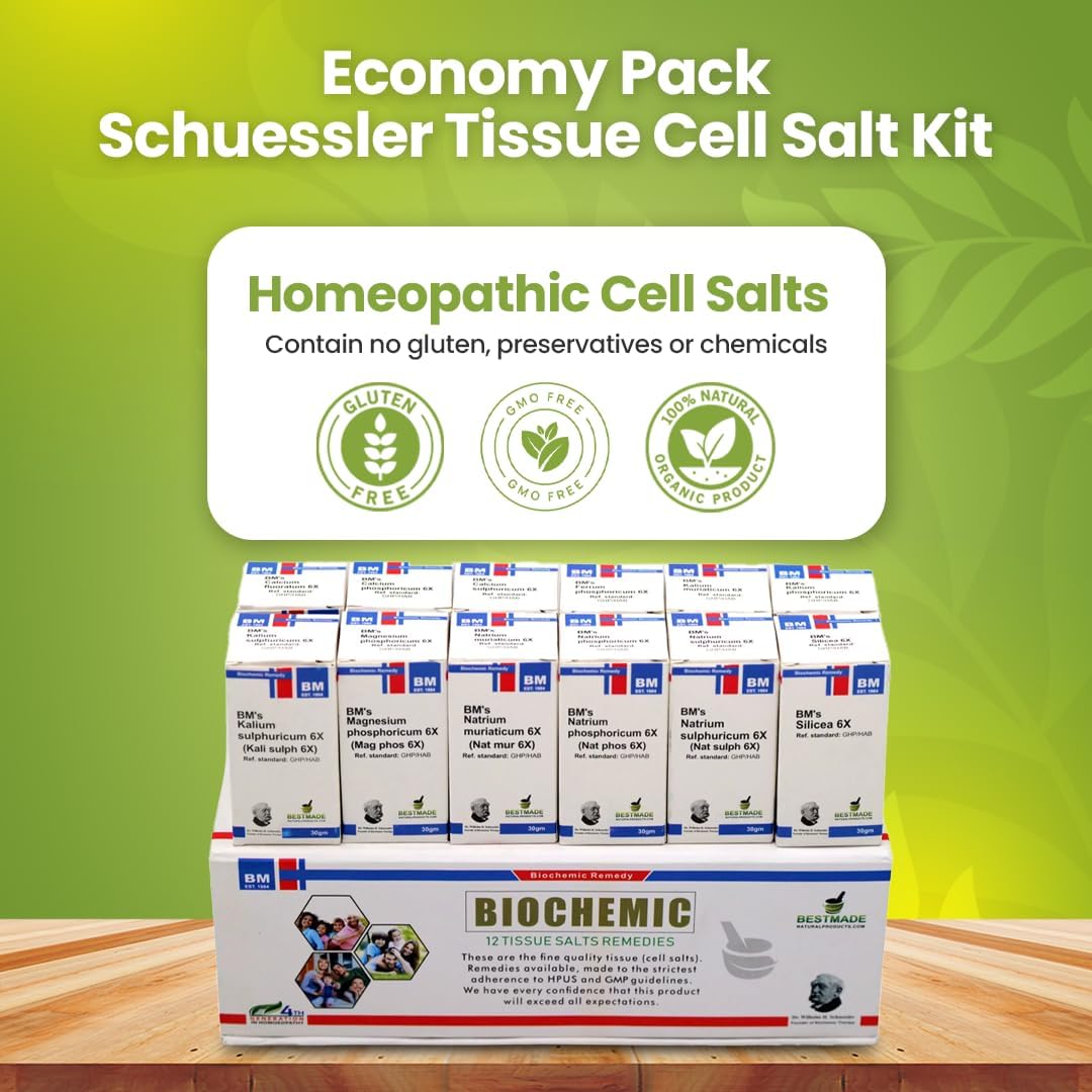 Economy Pack Schussler Cell Salts Kit – 12 Homeopathic Tissue Salt Remedies with Easy‑to‑Use Remedy Chart, 12 Bottles, 350 Pellets Each | Bestmade