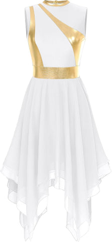 Women Praise Dance Outfit Metallic Block Asymmetric Overlay Dress + Pants Worship Liturgical Lyrical Costume
