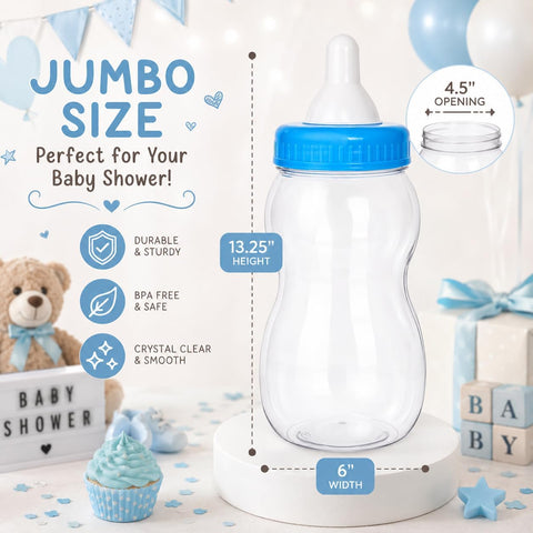 Evershine Plastic Baby Bottle Bank, 13" Blue Fillable Baby Shower Bank, Plastic Jumbo Baby Favor Bottle Centerpiece