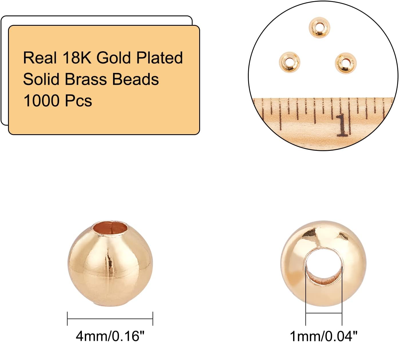 NBEADS About 1000 Pcs Real 18K Gold Plated Solid Brass Beads, 4mm Metal Spacer Beads Smooth Spacer Beads Gold Beads for Jewelry Making Tarnish Free Beads, 1.2mm Hole