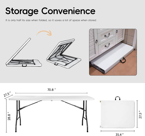 pollilar 6FT Folding Table Heavy Duty Portable Plastic Foldable Table White