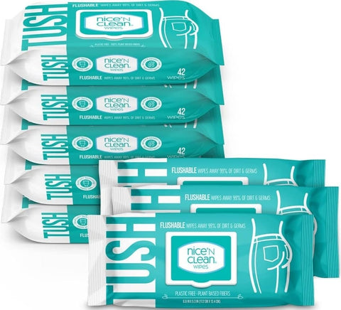 Nice 'N Clean Adult Flushable Wipes (8 x 42 Count) | Personal Cleansing Wipes Made from Plant-Based Fibers | Infused with Aloe & Vitamin E