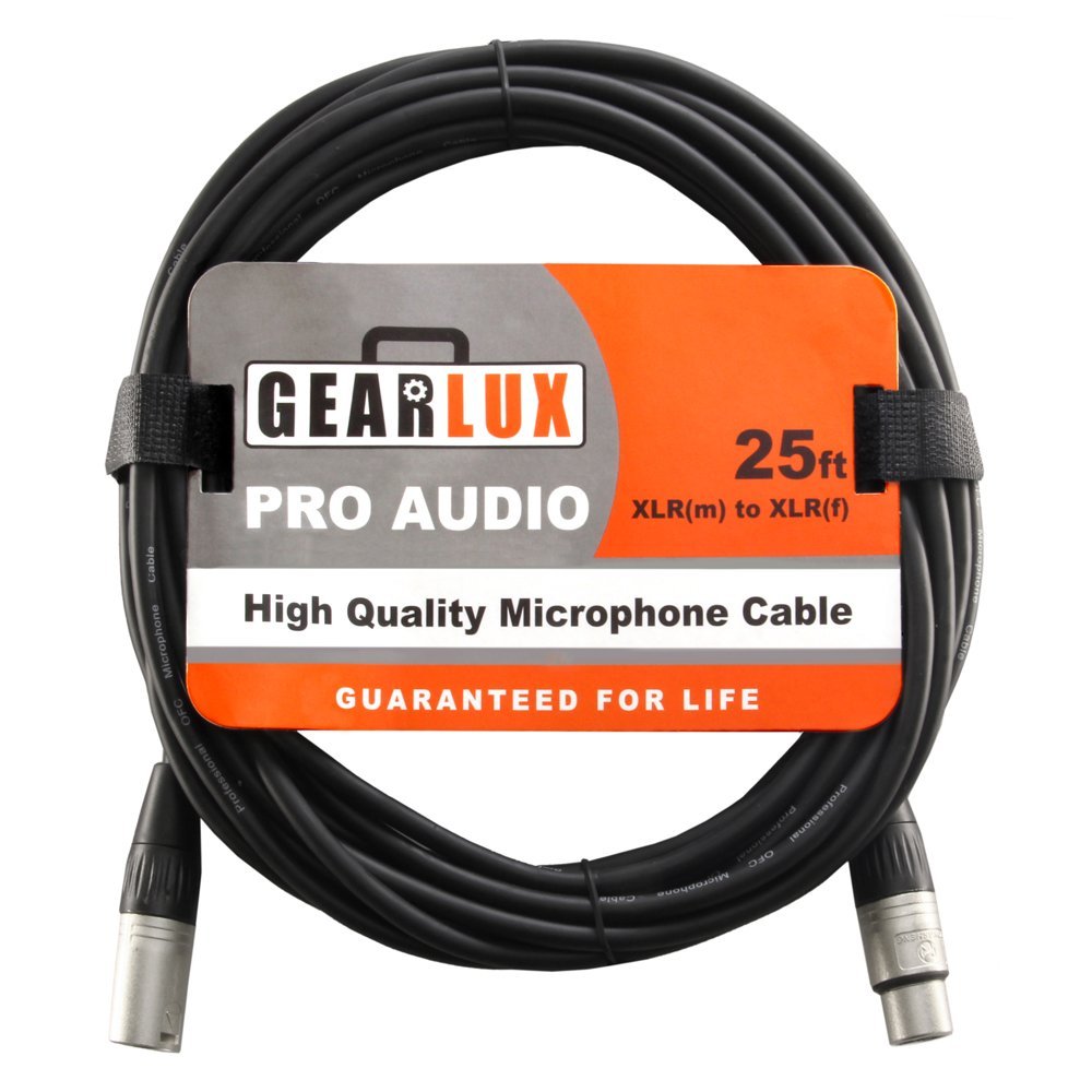Gearlux XLR Microphone Cable, Fully Balanced, Male to Female, 25 Feet - Single Pack