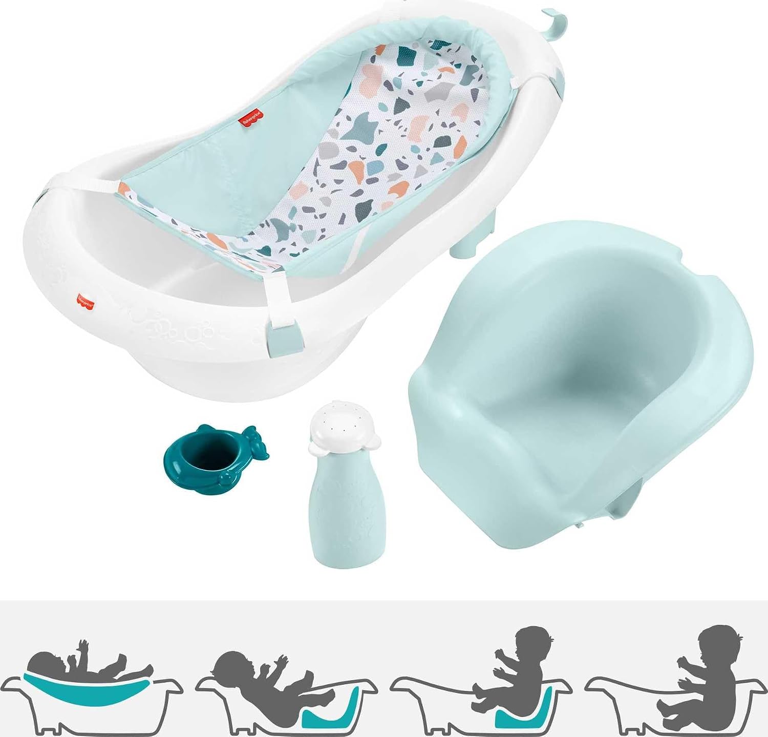 Fisher-Price Baby to Toddler Bath 4-in-1 Sling ‘n Seat Tub with Removable Infant Support and 2 Toys, Pacific Pebble