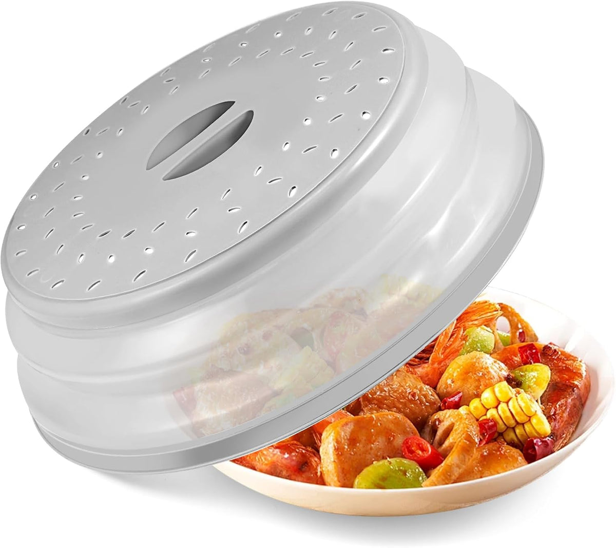 Large Collapsible Microwave Cover for Food, 12.2inch Microwave Splatter Cover, Microwave Plate&Dish Cover with Easy Grip Handle, BPA-free, Dishwasher Safe (Light Grey)