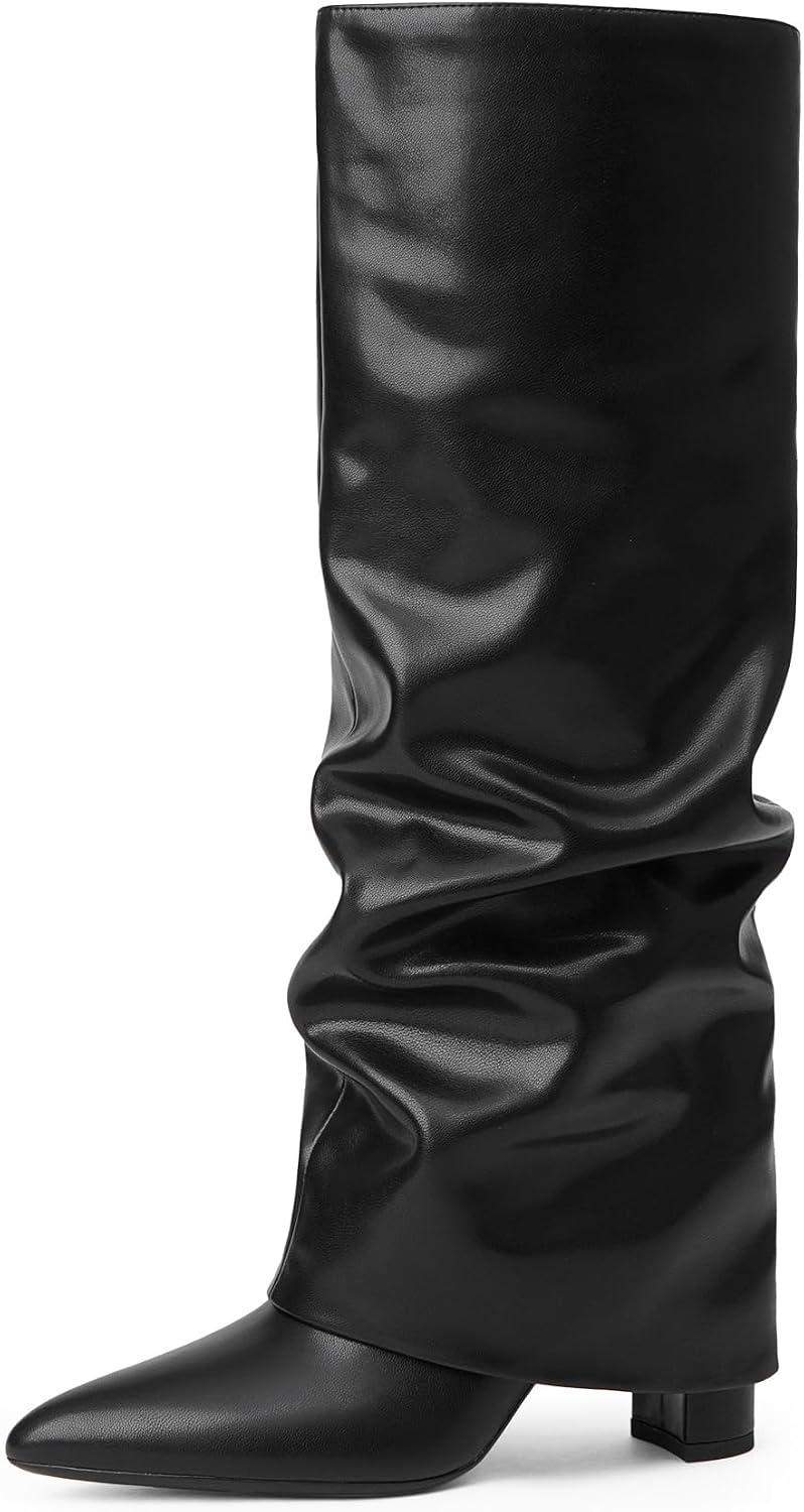 Knee High Boots Women Fold Over Boots Chunky Heel Pointed Toe Tall Boots