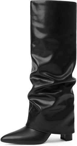 Knee High Boots Women Fold Over Boots Chunky Heel Pointed Toe Tall Boots