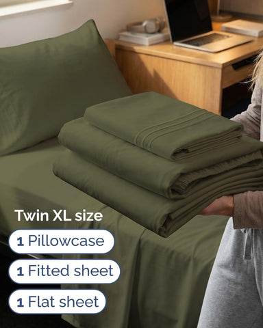 Twin XL 3 Piece Sheet Set - College Dorm Room Essentials - Sage Green