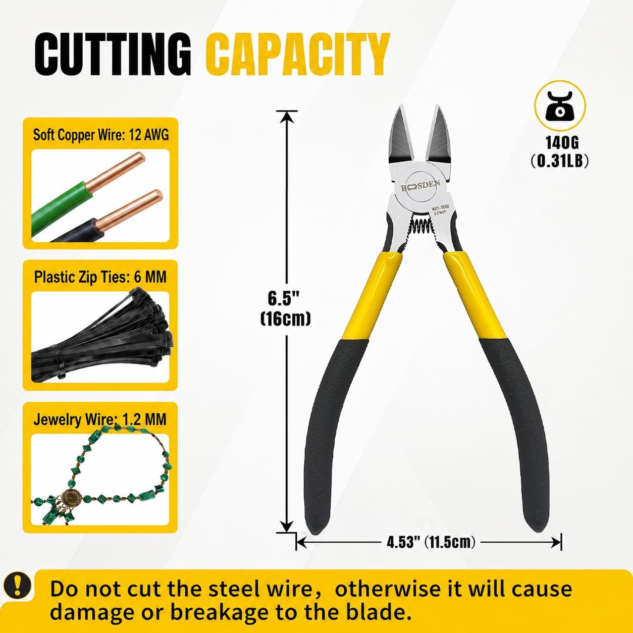 BOOSDEN Wire Cutter 6.5 inch Cutting Pliers Diagonal Cutter Metal Snipper
