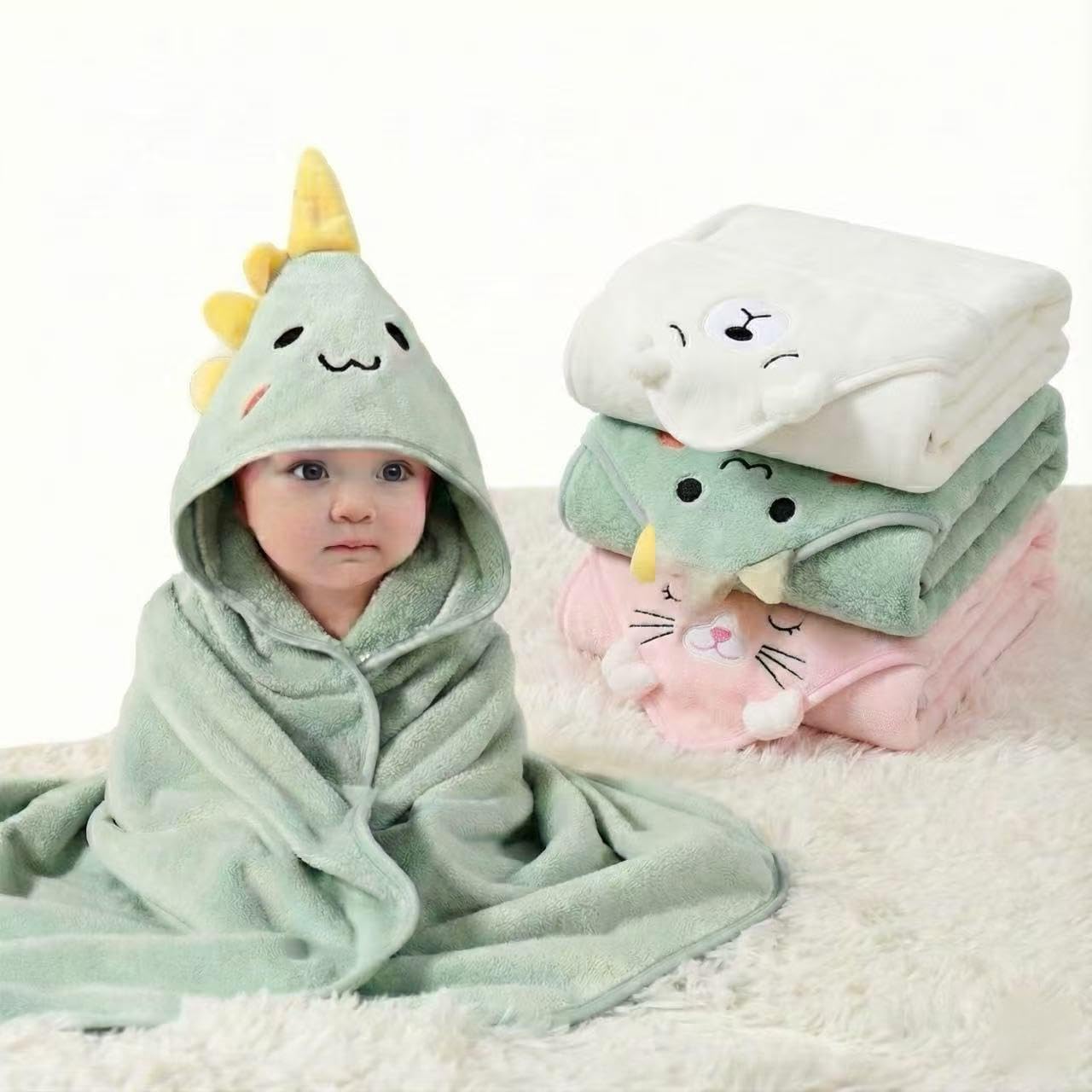 Hooded Baby Towel - Premium Soft Bath Towel for Baby, Newborn,Infant - Ultra Absorbent,Natural Baby Stuff Towel, Soft Coral Velvet Coral Fleece Bath Towel for Boys and Girls (Green Elephant)