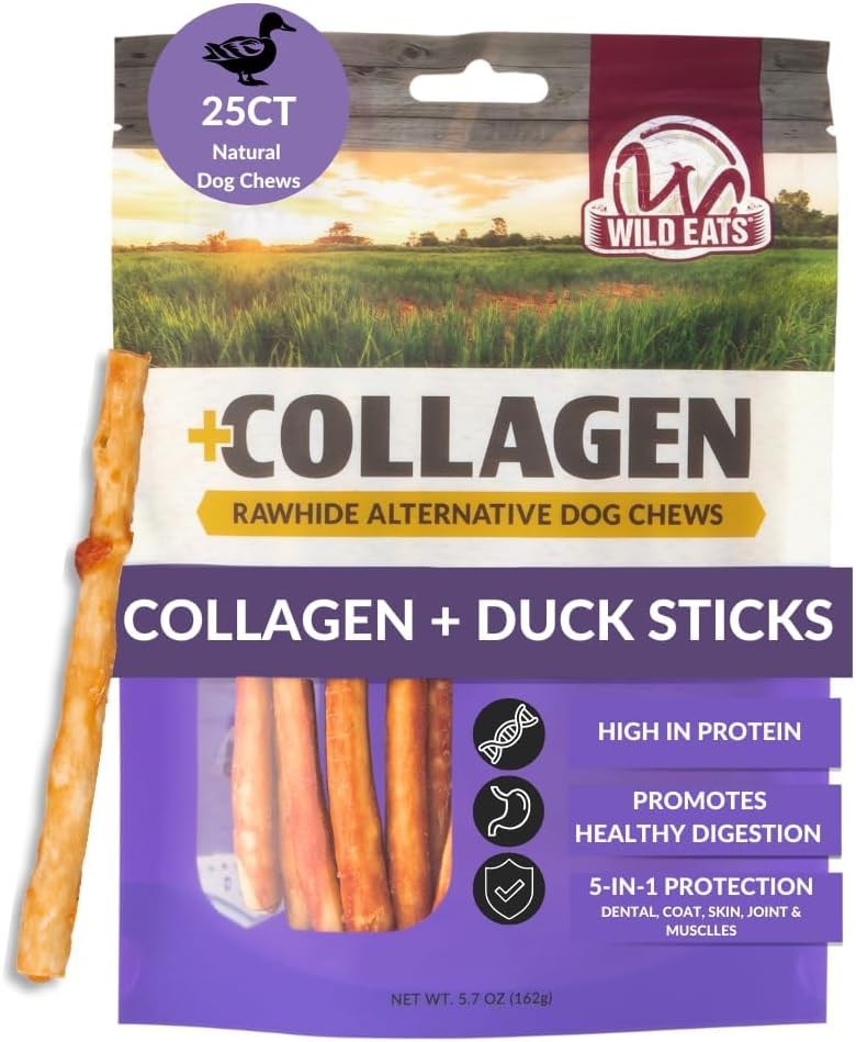 Wild Eats Real Duck Collagen Bully Sticks for Dogs, 25 Pack, Rawhide Free